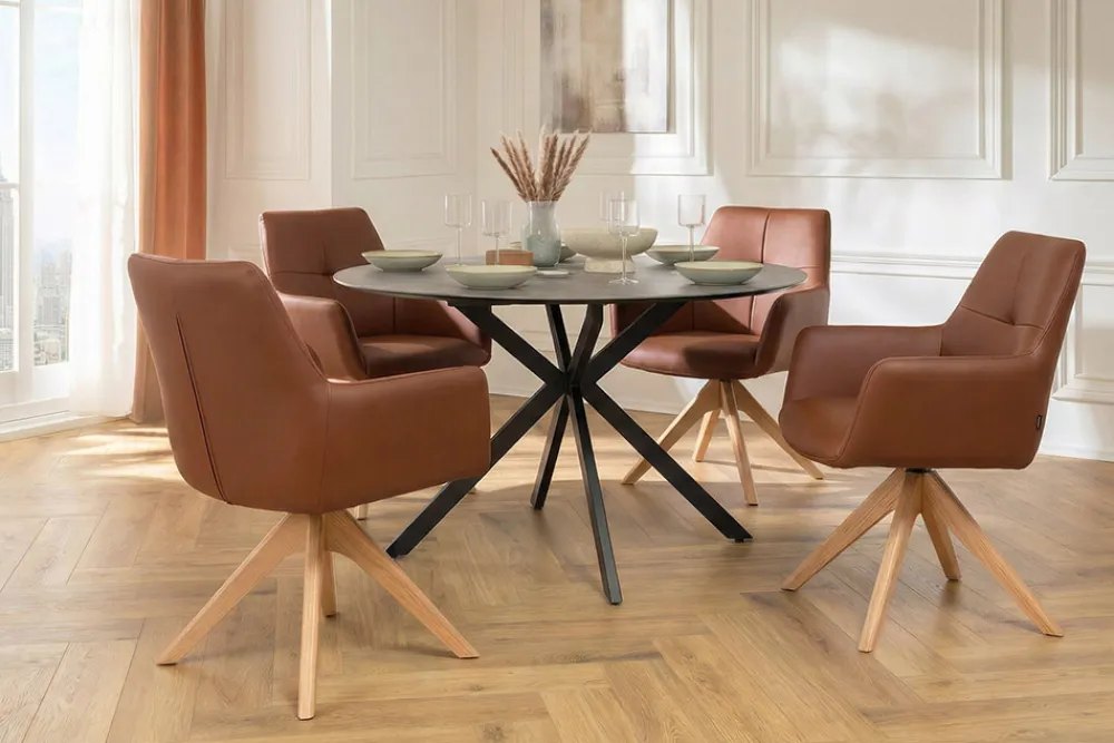 Riess-Ambiente Skandinavisch|Stühle > Drehbarer Stuhl ALMARA cognac braun Echtleder 360° Taschenfederkern Eiche Massivholz