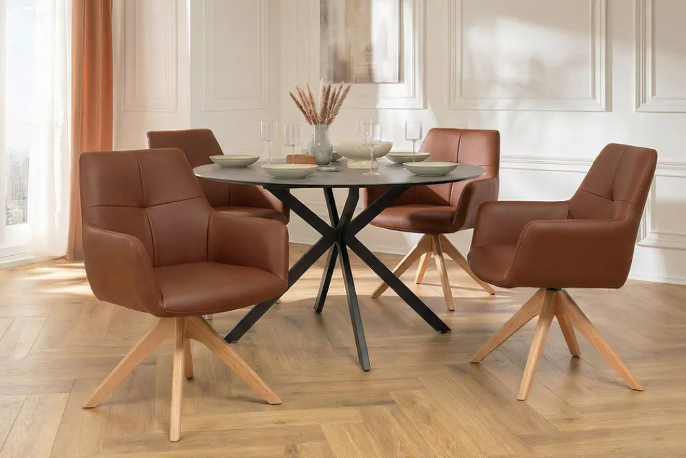 Riess-Ambiente Skandinavisch|Stühle > Drehbarer Stuhl ALMARA cognac braun Echtleder 360° Taschenfederkern Eiche Massivholz