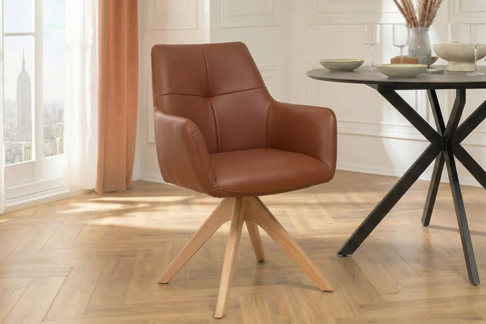 Riess-Ambiente Skandinavisch|Stühle > Drehbarer Stuhl ALMARA cognac braun Echtleder 360° Taschenfederkern Eiche Massivholz