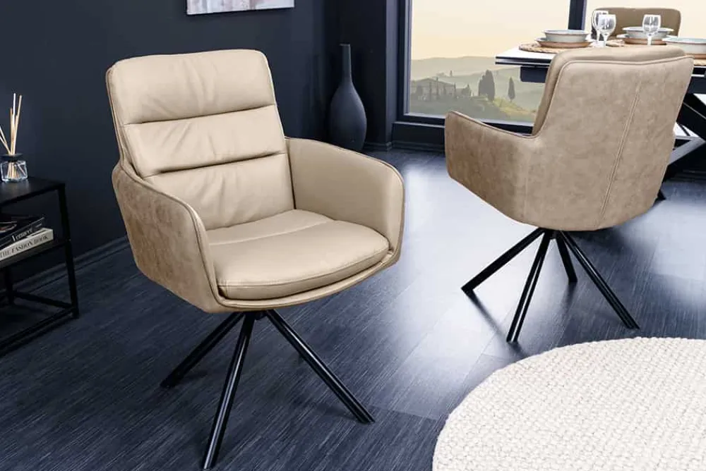 Riess-Ambiente Retro Möbel|Stühle > Drehbarer Stuhl BIG GEORGE beige Echtleder Microfaser mit Armlehne schwarze Metallbeine