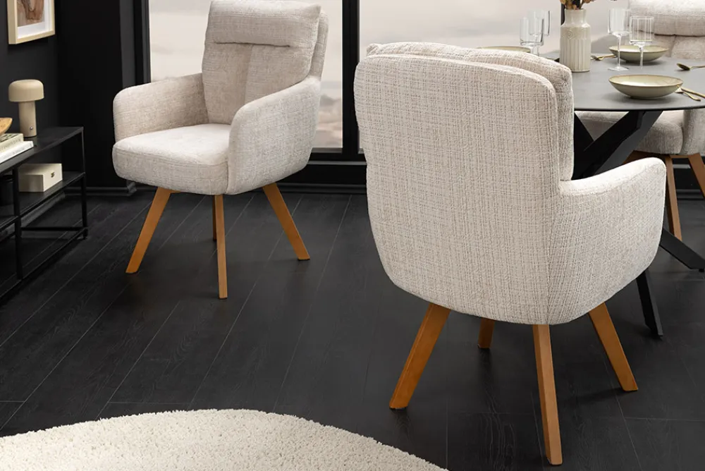 Riess-Ambiente Skandinavisch|Stühle > Drehbarer Stuhl BIG GEORGE champagner Chenille Cremona natur Buchenholz mit Armlehnen