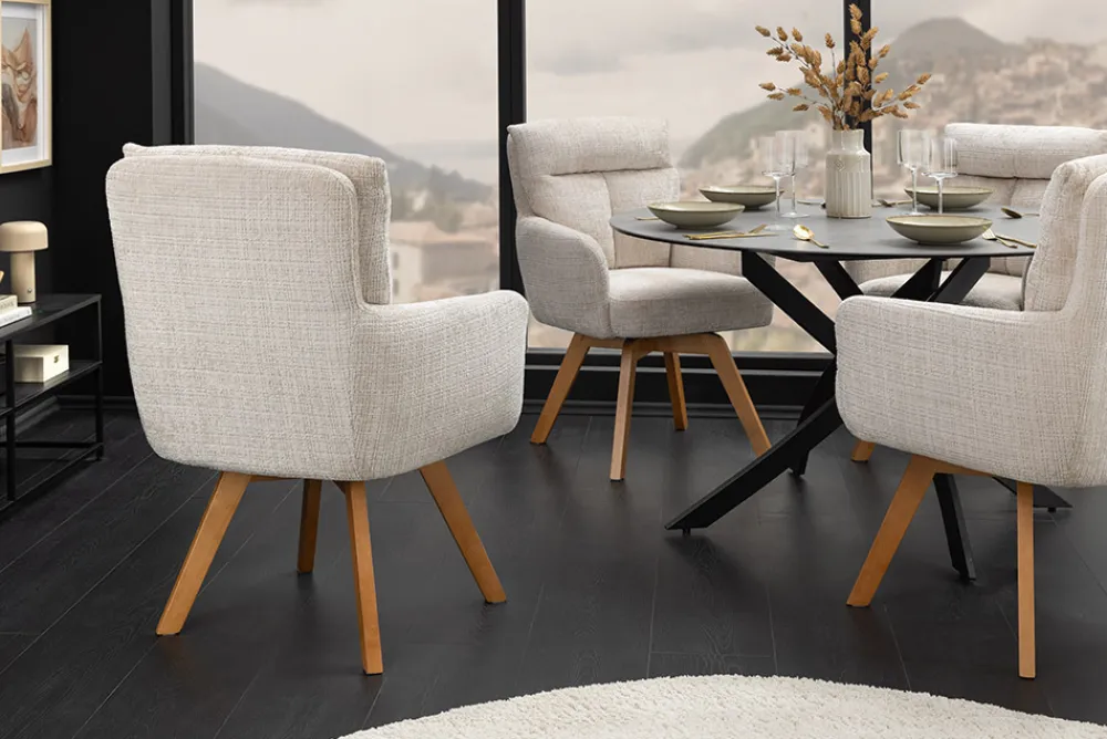 Riess-Ambiente Skandinavisch|Stühle > Drehbarer Stuhl BIG GEORGE champagner Chenille Cremona natur Buchenholz mit Armlehnen