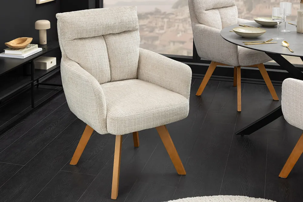 Riess-Ambiente Skandinavisch|Stühle > Drehbarer Stuhl BIG GEORGE champagner Chenille Cremona natur Buchenholz mit Armlehnen