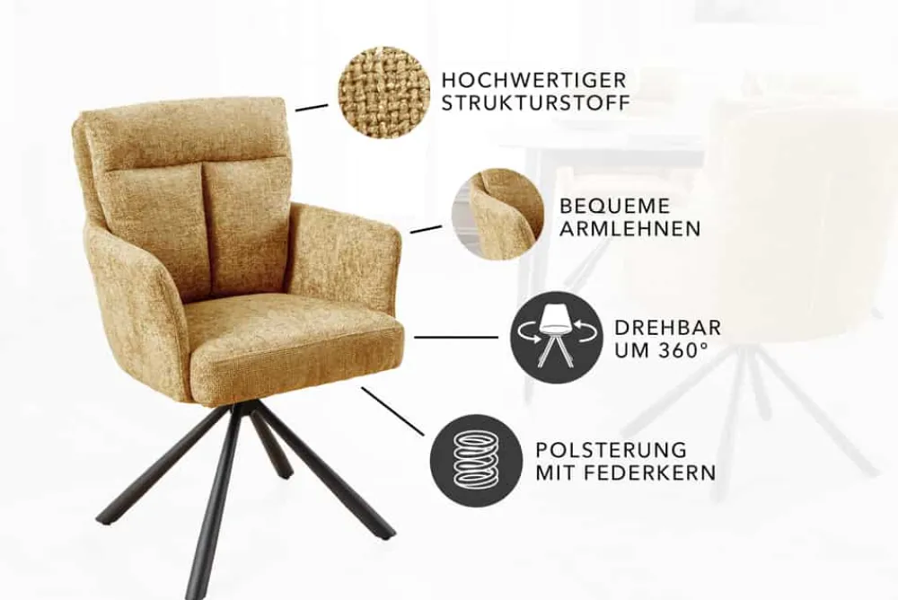 Riess-Ambiente Stühle > Drehbarer Stuhl BIG GEORGE senfgelb Strukturstoff Taschenfederkern mit Armlehne Metall