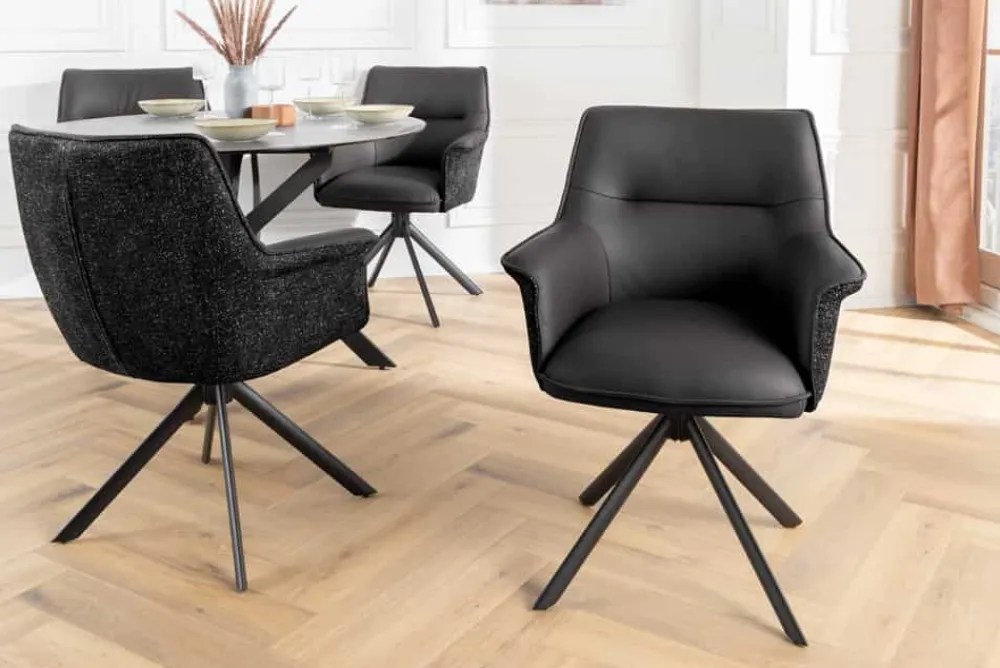 Riess-Ambiente Retro Möbel|Stühle > Drehbarer Stuhl LE GRAND schwarz Echtleder Strukturstoff Metallgestell mit Armlehne
