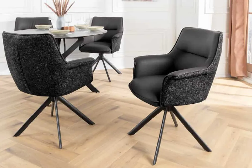 Riess-Ambiente Retro Möbel|Stühle > Drehbarer Stuhl LE GRAND schwarz Echtleder Strukturstoff Metallgestell mit Armlehne