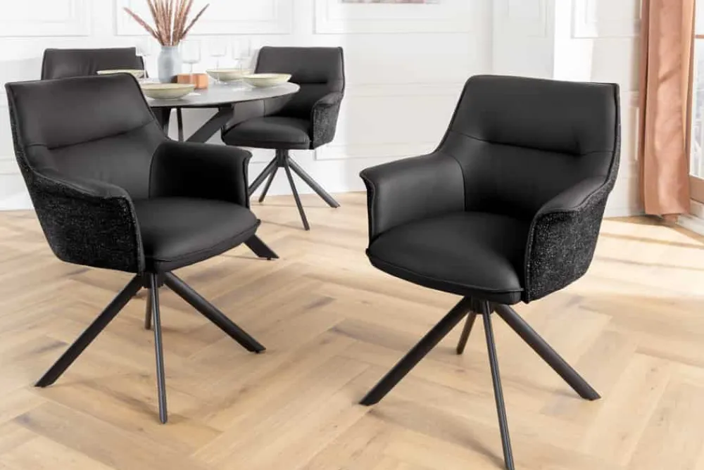 Riess-Ambiente Retro Möbel|Stühle > Drehbarer Stuhl LE GRAND schwarz Echtleder Strukturstoff Metallgestell mit Armlehne