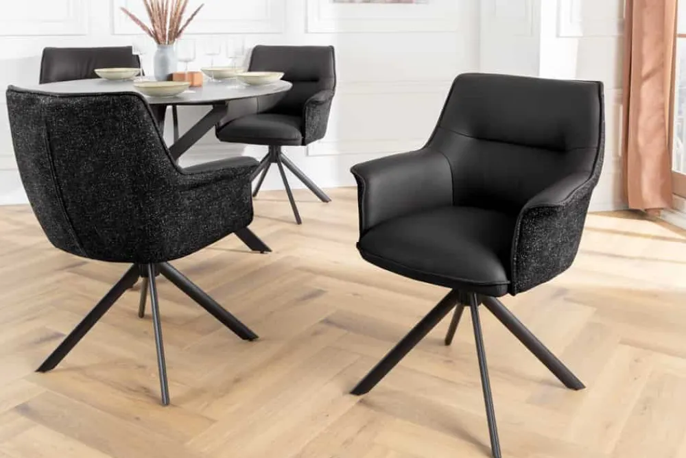 Riess-Ambiente Retro Möbel|Stühle > Drehbarer Stuhl LE GRAND schwarz Echtleder Strukturstoff Metallgestell mit Armlehne