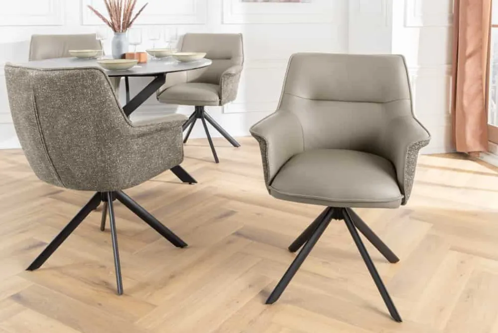Riess-Ambiente Retro Möbel|Stühle > Drehbarer Stuhl LE GRAND taupe Echtleder Strukturstoff schwarzes Metallgestell