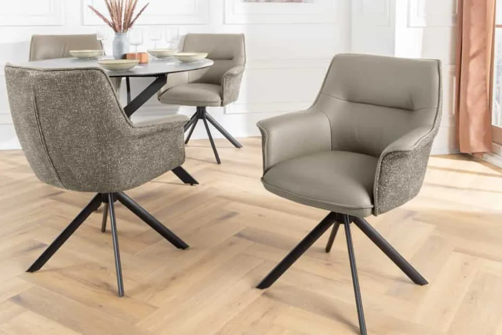 Riess-Ambiente Retro Möbel|Stühle > Drehbarer Stuhl LE GRAND taupe Echtleder Strukturstoff schwarzes Metallgestell