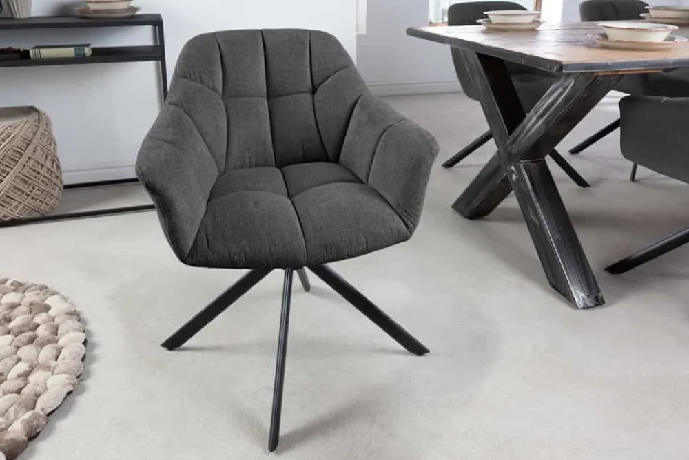 Riess-Ambiente Industrial Loft|Stühle > Drehbarer Stuhl PAPILLON anthrazit Strukturstoff mit Armlehne Ziersteppung schwarzes Gestell