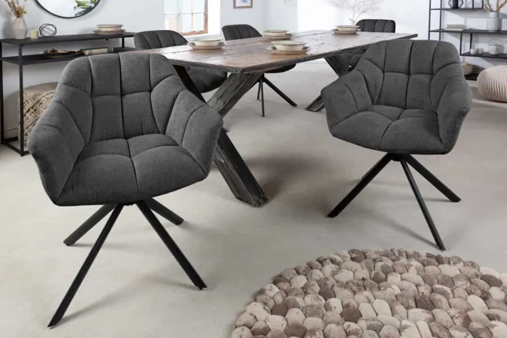 Riess-Ambiente Industrial Loft|Stühle > Drehbarer Stuhl PAPILLON anthrazit Strukturstoff mit Armlehne Ziersteppung schwarzes Gestell