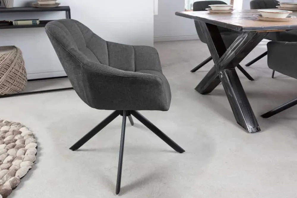 Riess-Ambiente Industrial Loft|Stühle > Drehbarer Stuhl PAPILLON anthrazit Strukturstoff mit Armlehne Ziersteppung schwarzes Gestell