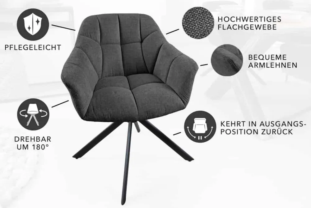 Riess-Ambiente Industrial Loft|Stühle > Drehbarer Stuhl PAPILLON anthrazit Strukturstoff mit Armlehne Ziersteppung schwarzes Gestell