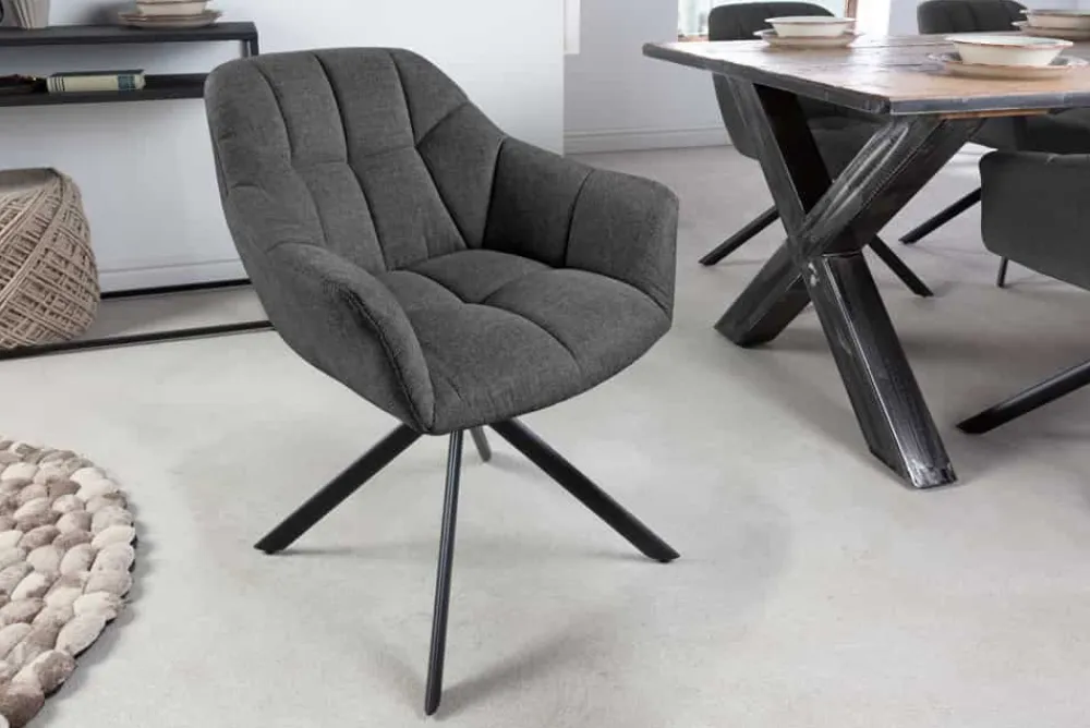 Riess-Ambiente Industrial Loft|Stühle > Drehbarer Stuhl PAPILLON anthrazit Strukturstoff mit Armlehne Ziersteppung schwarzes Gestell