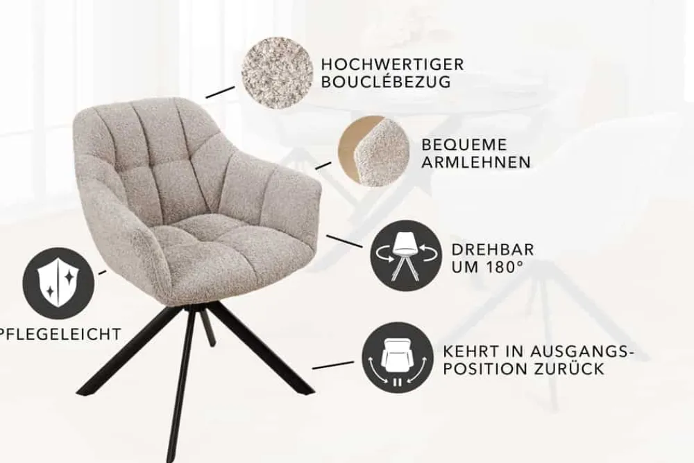 Riess-Ambiente Stühle > Drehbarer Stuhl PAPILLON greige Bouclé mit Armlehne schwarzes Metallgestell