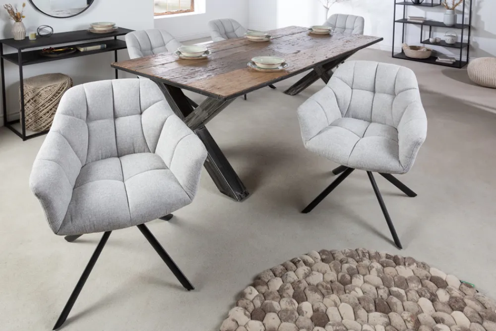 Riess-Ambiente Industrial Loft|Stühle > Drehbarer Stuhl PAPILLON hellgrau Strukturstoff mit Armlehne Ziersteppung schwarzes Gestell