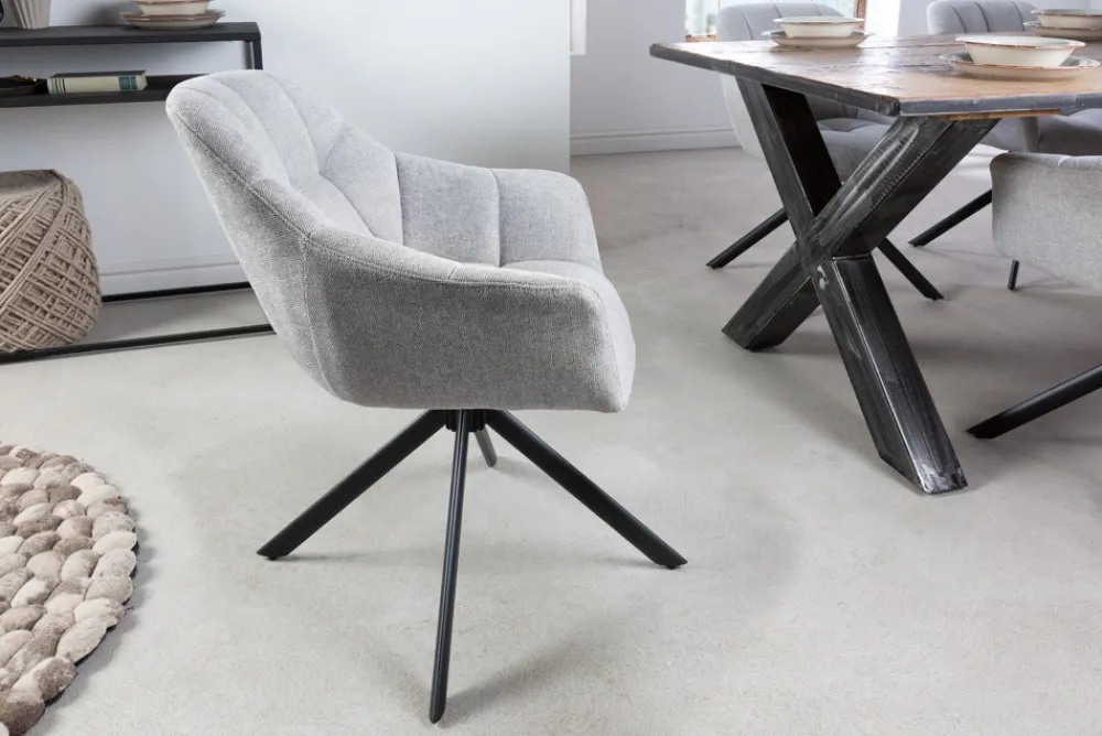 Riess-Ambiente Industrial Loft|Stühle > Drehbarer Stuhl PAPILLON hellgrau Strukturstoff mit Armlehne Ziersteppung schwarzes Gestell