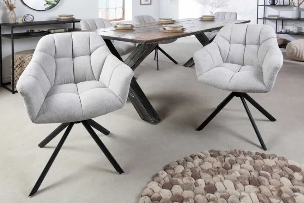 Riess-Ambiente Industrial Loft|Stühle > Drehbarer Stuhl PAPILLON hellgrau Strukturstoff mit Armlehne Ziersteppung schwarzes Gestell