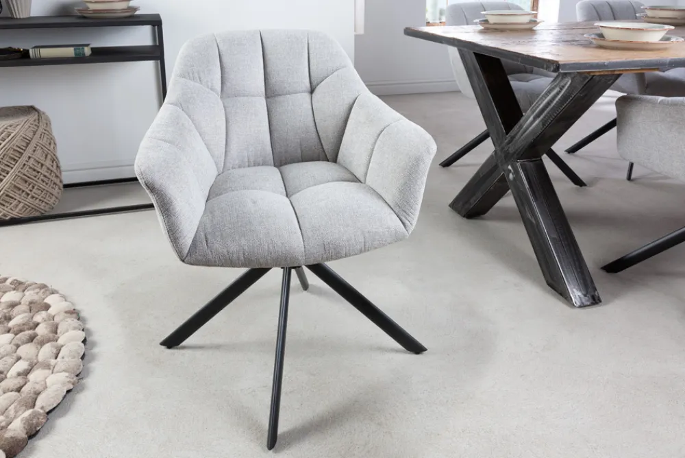 Riess-Ambiente Industrial Loft|Stühle > Drehbarer Stuhl PAPILLON hellgrau Strukturstoff mit Armlehne Ziersteppung schwarzes Gestell
