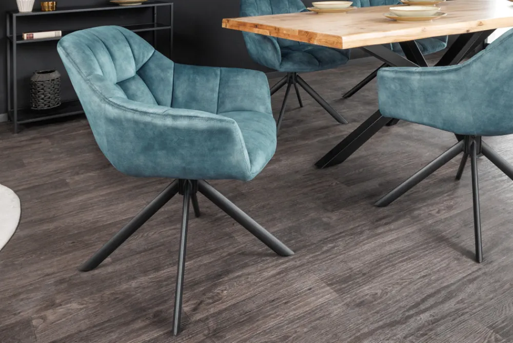 Riess-Ambiente Retro Möbel|Industrial Loft > Drehbarer Stuhl PAPILLON petrol Samt schwarze Metallbeine Armlehnen