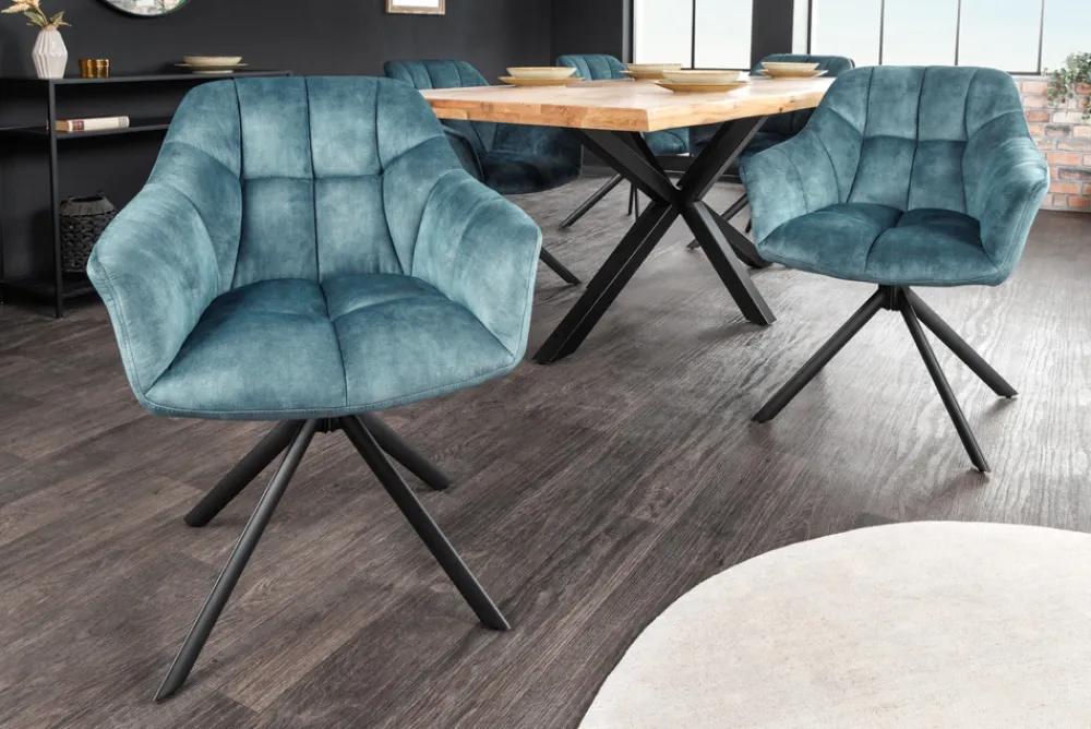 Riess-Ambiente Retro Möbel|Industrial Loft > Drehbarer Stuhl PAPILLON petrol Samt schwarze Metallbeine Armlehnen