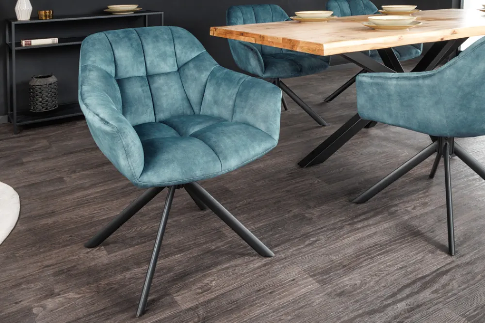 Riess-Ambiente Retro Möbel|Industrial Loft > Drehbarer Stuhl PAPILLON petrol Samt schwarze Metallbeine Armlehnen