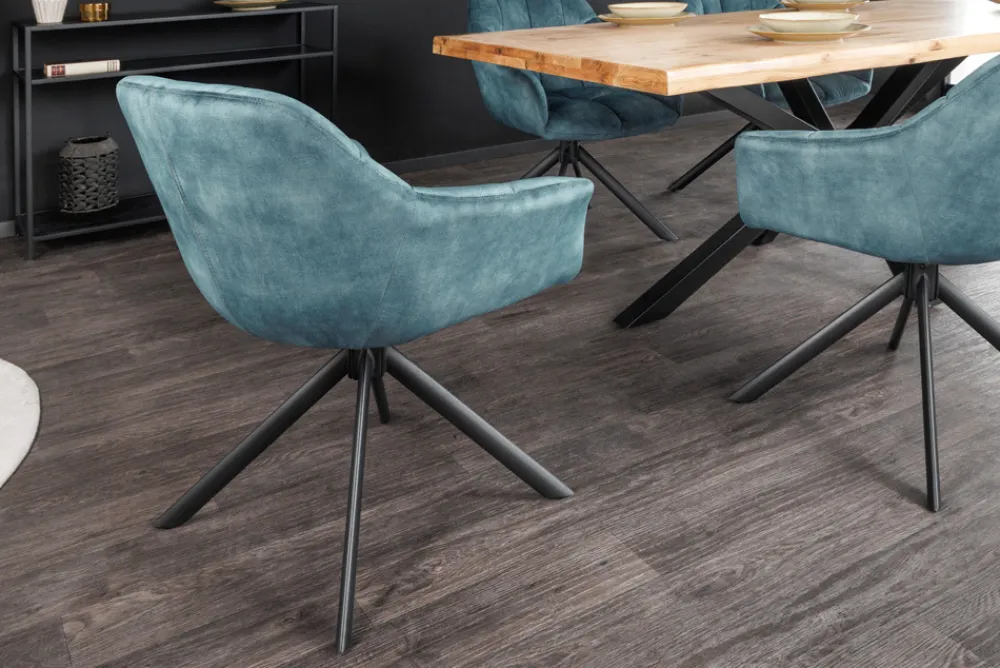 Riess-Ambiente Retro Möbel|Industrial Loft > Drehbarer Stuhl PAPILLON petrol Samt schwarze Metallbeine Armlehnen