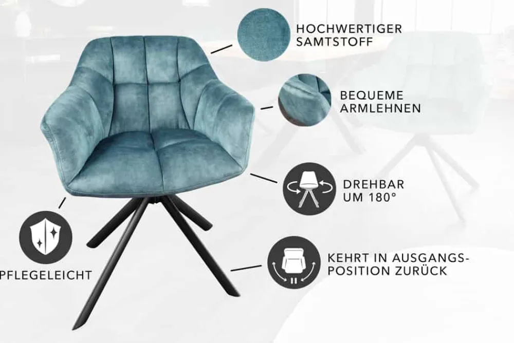 Riess-Ambiente Retro Möbel|Industrial Loft > Drehbarer Stuhl PAPILLON petrol Samt schwarze Metallbeine Armlehnen