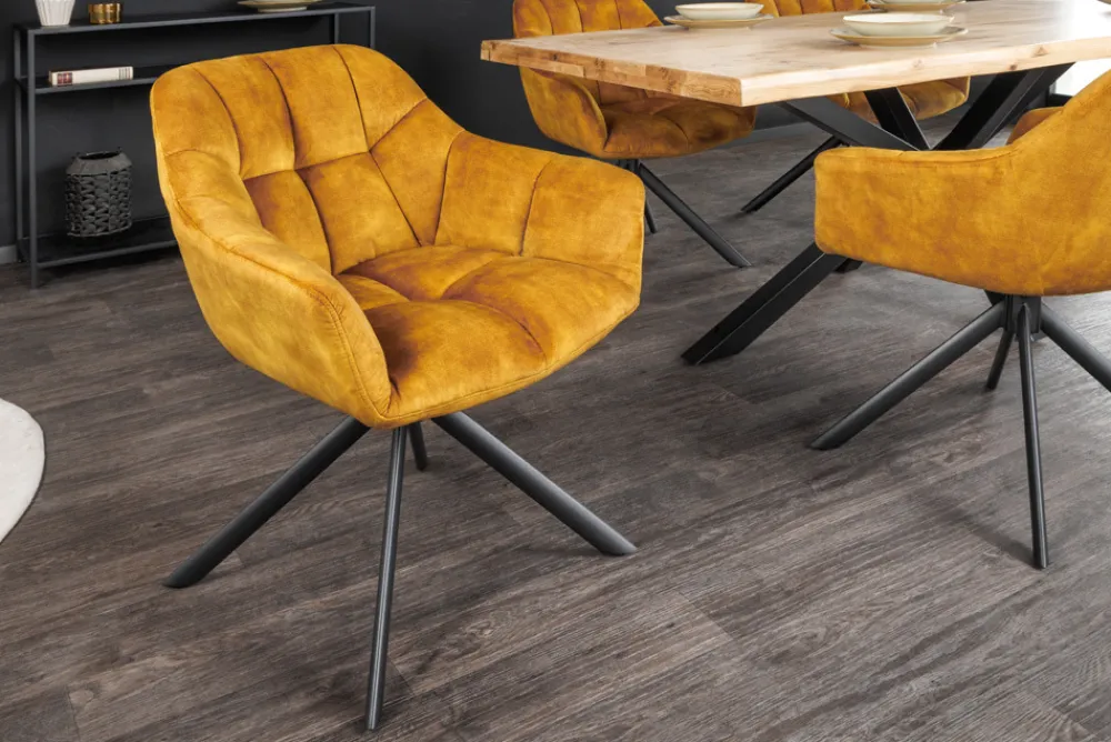 Riess-Ambiente Retro Möbel|Industrial Loft > Drehbarer Stuhl PAPILLON senfgelb Samt schwarze Metallbeine Armlehnen