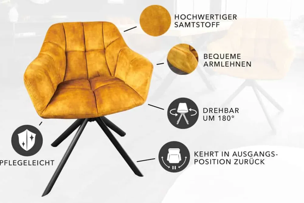 Riess-Ambiente Retro Möbel|Industrial Loft > Drehbarer Stuhl PAPILLON senfgelb Samt schwarze Metallbeine Armlehnen