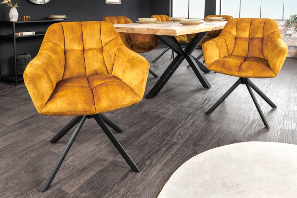 Riess-Ambiente Retro Möbel|Industrial Loft > Drehbarer Stuhl PAPILLON senfgelb Samt schwarze Metallbeine Armlehnen