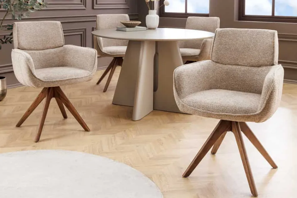 Riess-Ambiente Retro Möbel|Stühle > Drehbarer Stuhl UNIQUE taupe beige Strukturstoff Walnussholzbeine mit Armlehne
