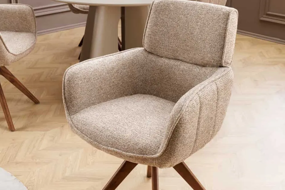 Riess-Ambiente Retro Möbel|Stühle > Drehbarer Stuhl UNIQUE taupe beige Strukturstoff Walnussholzbeine mit Armlehne