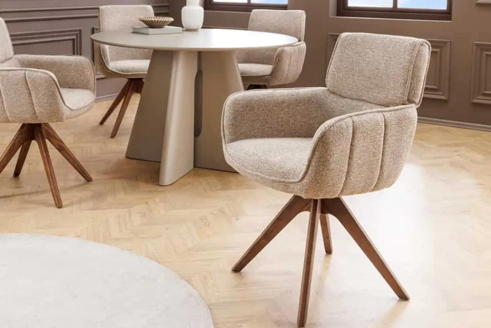 Riess-Ambiente Retro Möbel|Stühle > Drehbarer Stuhl UNIQUE taupe beige Strukturstoff Walnussholzbeine mit Armlehne