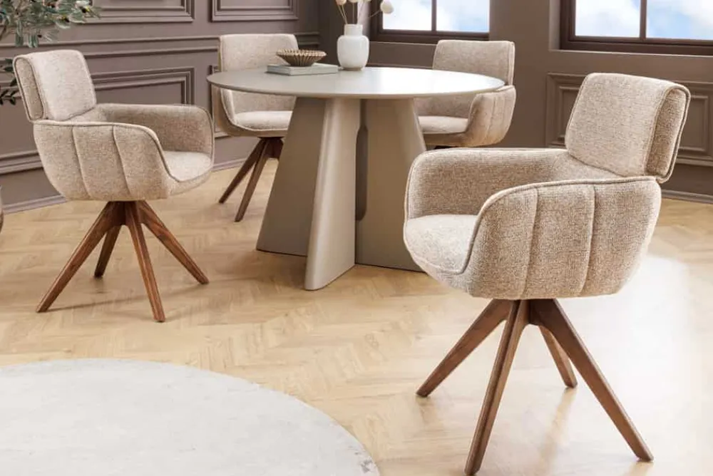 Riess-Ambiente Retro Möbel|Stühle > Drehbarer Stuhl UNIQUE taupe beige Strukturstoff Walnussholzbeine mit Armlehne