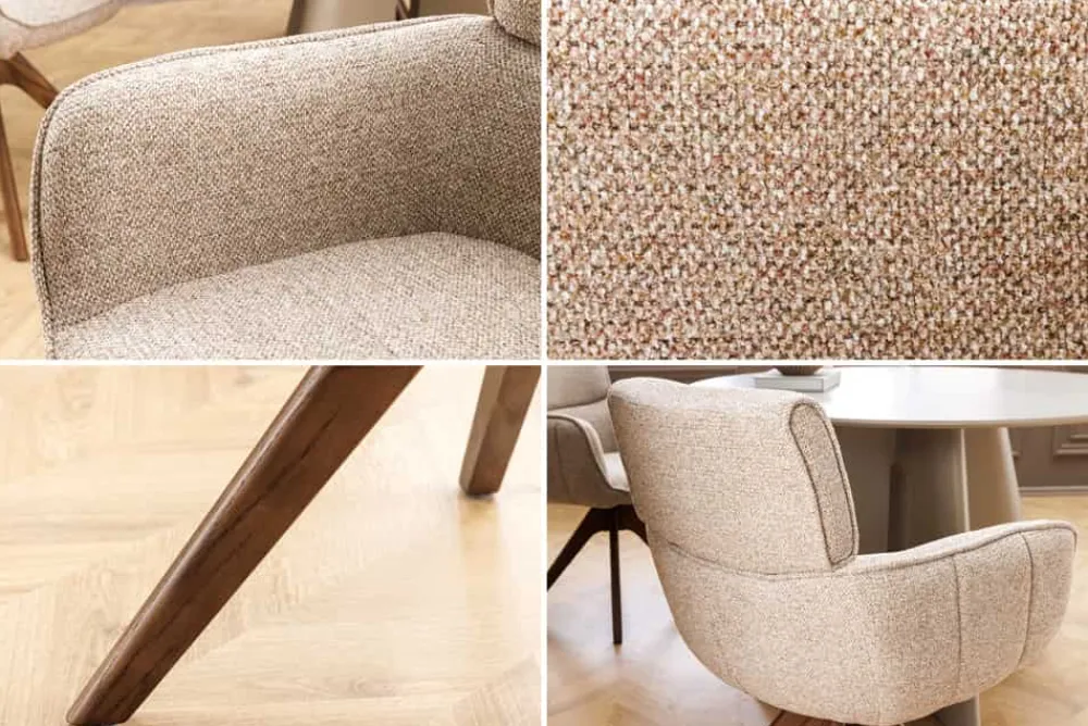 Riess-Ambiente Retro Möbel|Stühle > Drehbarer Stuhl UNIQUE taupe beige Strukturstoff Walnussholzbeine mit Armlehne