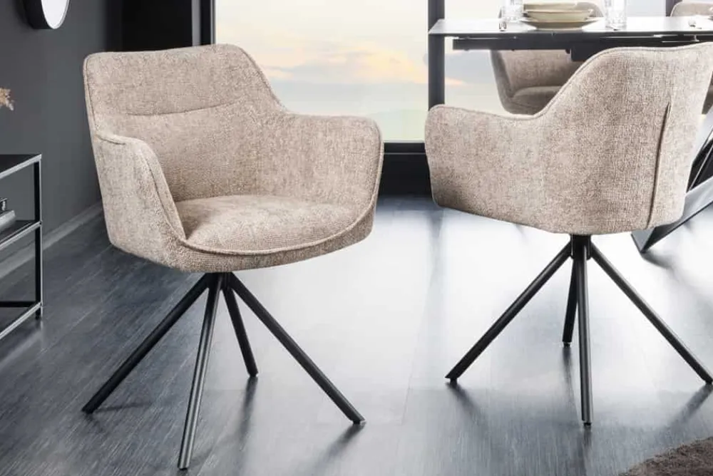 Riess-Ambiente Retro Möbel|Industrial Loft > Drehbarer Stuhl VERONA champagner beige Strukturstoff mit Armlehne Metallbeine schwarz