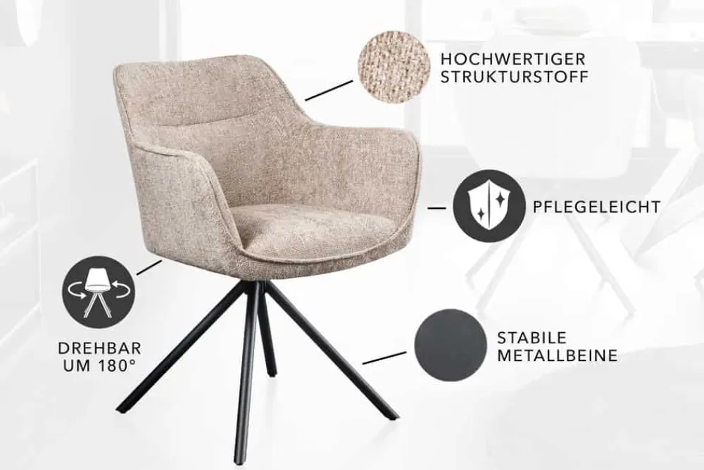 Riess-Ambiente Retro Möbel|Industrial Loft > Drehbarer Stuhl VERONA champagner beige Strukturstoff mit Armlehne Metallbeine schwarz