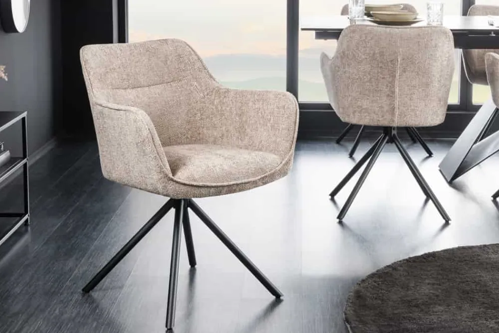 Riess-Ambiente Retro Möbel|Industrial Loft > Drehbarer Stuhl VERONA champagner beige Strukturstoff mit Armlehne Metallbeine schwarz