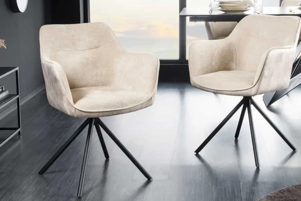 Riess-Ambiente Retro Möbel|Industrial Loft > Drehbarer Stuhl VERONA champagner beige Samt Strukturstoff mit Armlehne Metallbeine schwarz