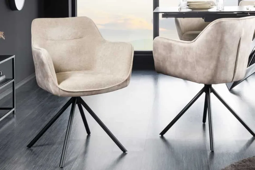 Riess-Ambiente Retro Möbel|Industrial Loft > Drehbarer Stuhl VERONA champagner beige Samt Strukturstoff mit Armlehne Metallbeine schwarz