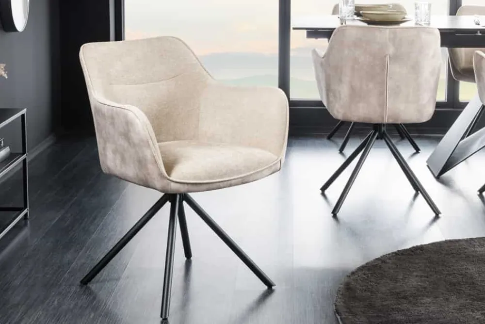 Riess-Ambiente Retro Möbel|Industrial Loft > Drehbarer Stuhl VERONA champagner beige Samt Strukturstoff mit Armlehne Metallbeine schwarz