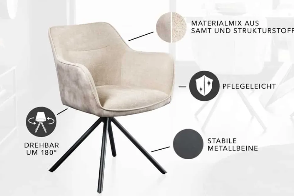 Riess-Ambiente Retro Möbel|Industrial Loft > Drehbarer Stuhl VERONA champagner beige Samt Strukturstoff mit Armlehne Metallbeine schwarz