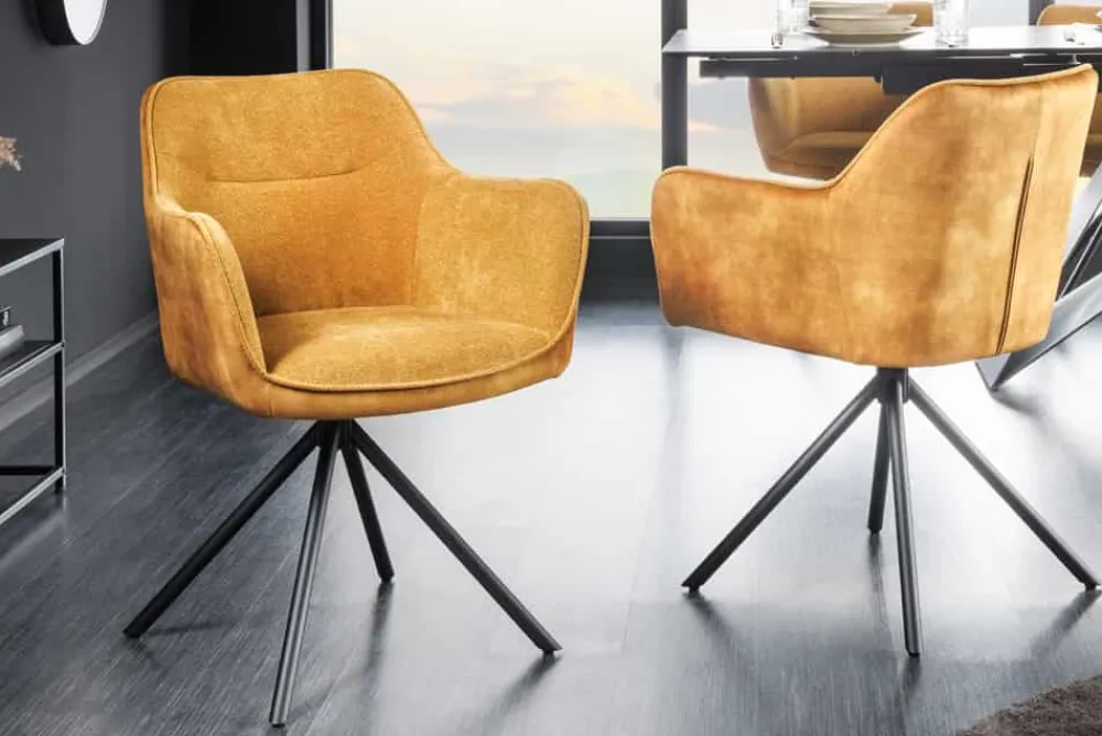Riess-Ambiente Retro Möbel|Industrial Loft > Drehbarer Stuhl VERONA senfgelb Samt Strukturstoff mit Armlehne Metallbeine schwarz