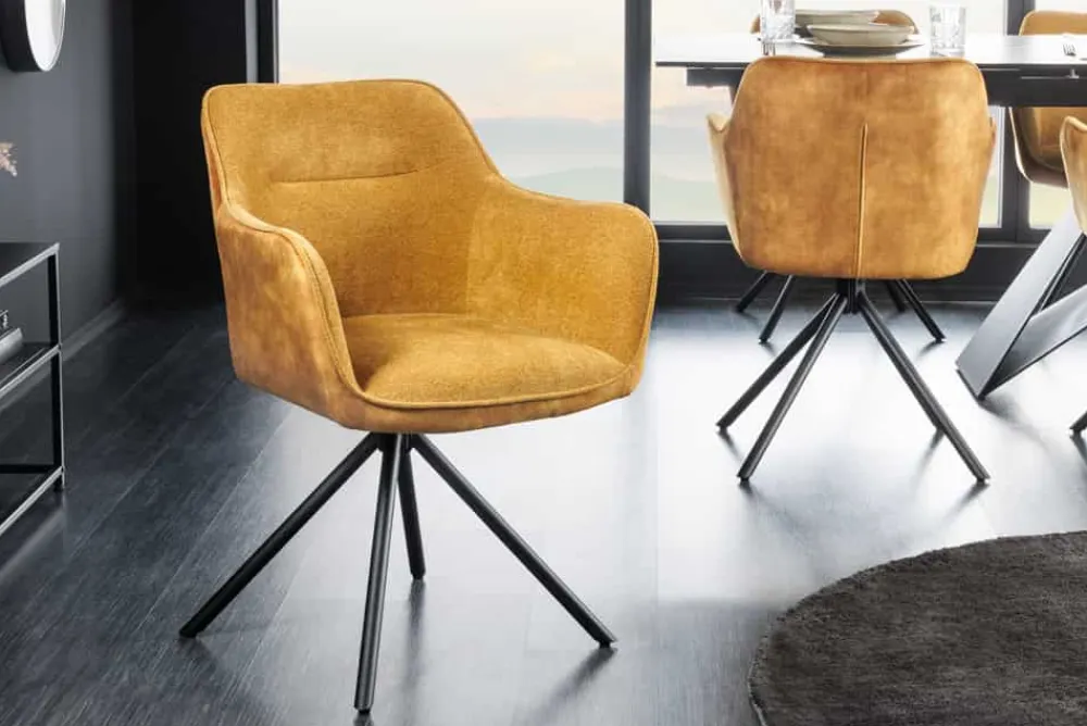 Riess-Ambiente Retro Möbel|Industrial Loft > Drehbarer Stuhl VERONA senfgelb Samt Strukturstoff mit Armlehne Metallbeine schwarz