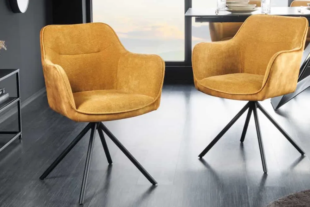 Riess-Ambiente Retro Möbel|Industrial Loft > Drehbarer Stuhl VERONA senfgelb Samt Strukturstoff mit Armlehne Metallbeine schwarz