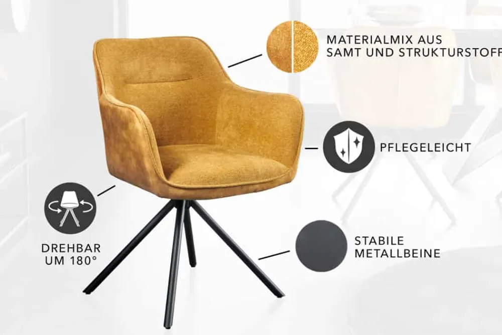 Riess-Ambiente Retro Möbel|Industrial Loft > Drehbarer Stuhl VERONA senfgelb Samt Strukturstoff mit Armlehne Metallbeine schwarz