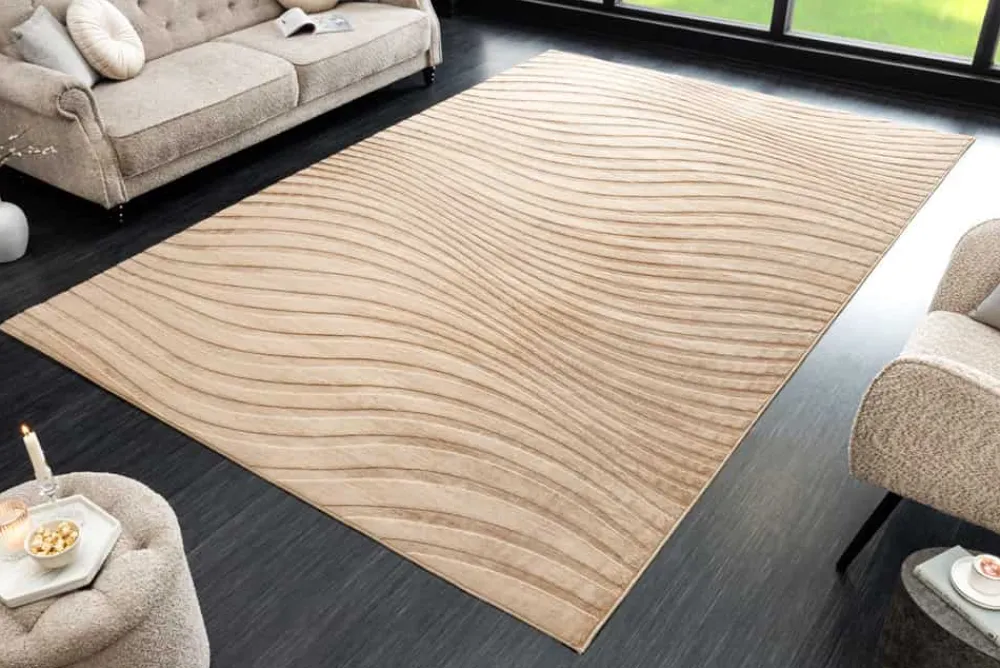Riess-Ambiente Teppiche|Skandinavisch > 3D strukturierter Kurzflor XXL Teppich WAVE 350x235cm beige Hoch-Tief-Effekt