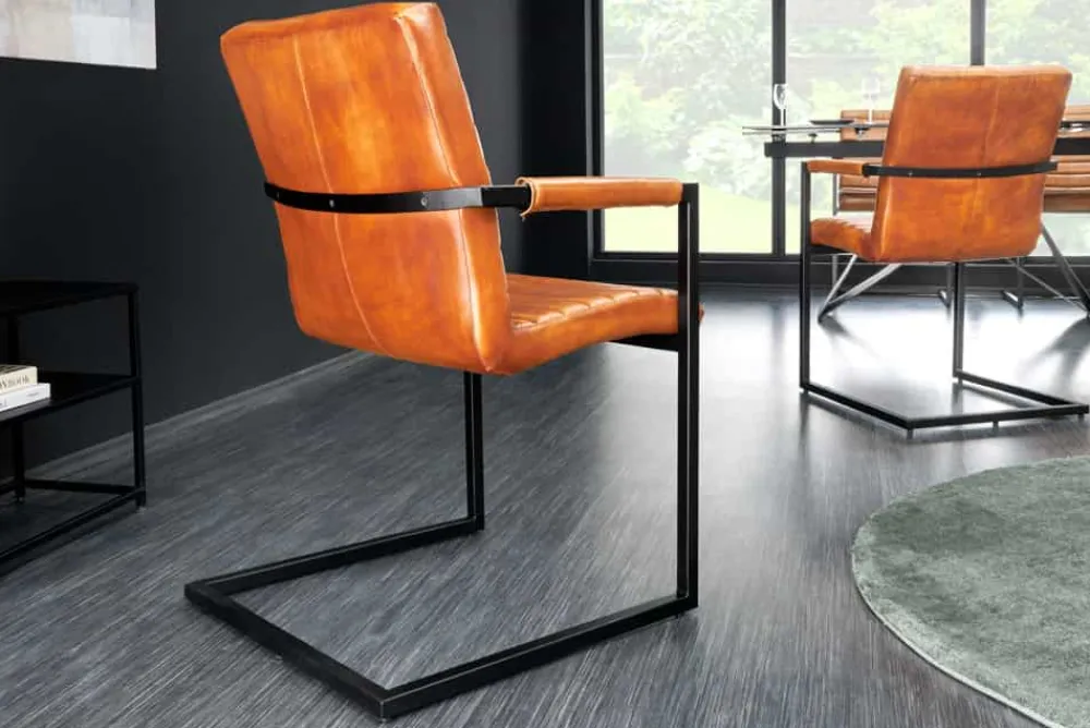 Riess-Ambiente Freischwinger|Industrial Loft > Echtleder Freischwinger Stuhl BUFFALO braun Büffelleder Metall mit Armlehne gepolstert
